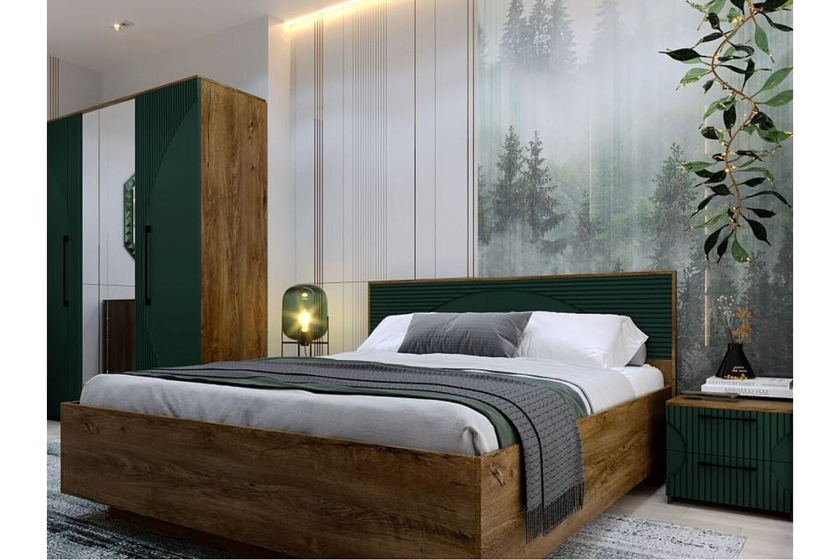Кровать Монтале КМК 0966.8 160x200 с ПМ, дуб канзас/зеленый матовый